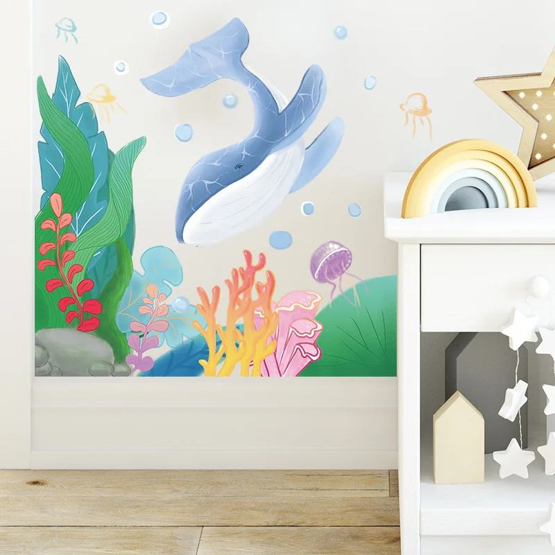 Rajzfilm bálna medúza, tengeri fű álom víz alatti fürdőszoba dekoráció Hálószoba átalakítás falmatrica öntapadós tapéta