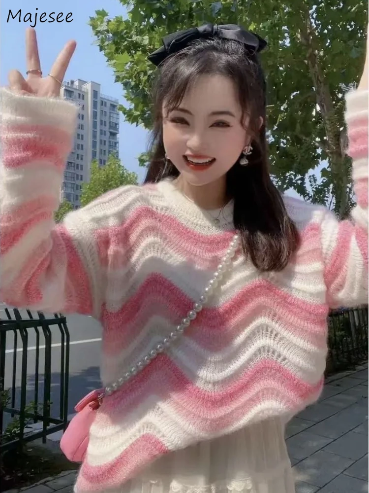 Pullovers Nők Y2k Szép, Laza Kényelmes Csíkos Szelíd Fiatal Egyszerű Retro koreai Divat Kötött Üreges Ki, Őszi Mind-Diák mérkőzés